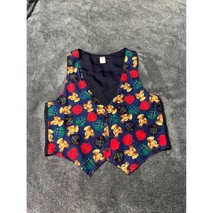 Robyn-Lyn Vintage Teddy Bear Plaid Apple Vest Womens L/XL Navy Blue Teacher Core